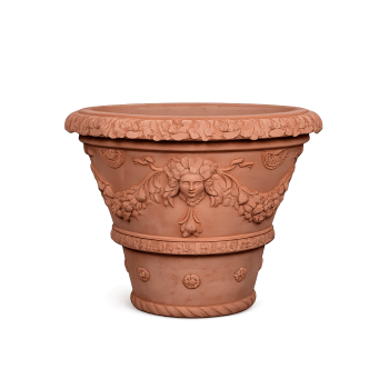 Vaso ornato con foglie – Reich verzierter Terracottatopf aus Impruneta mit Ranken und Blättern, frostfest